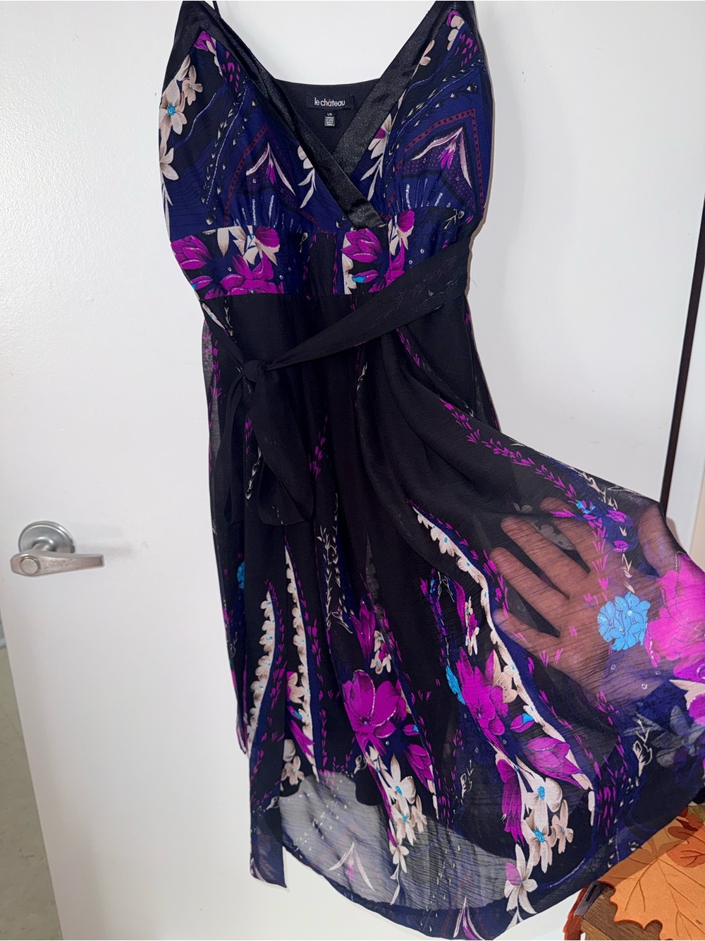 le chateau Black Floral Midi Dress with Pinkish Purple and Blue Accents - Picture 4 of 9